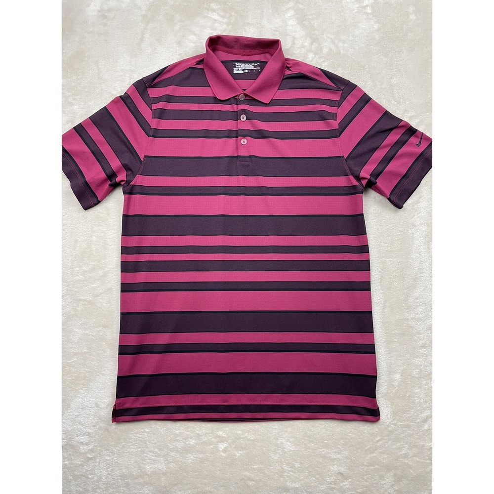 Nike Golf Polo Shirt Men L Magenta Purple Striped Dri-Fit Breathable Performance